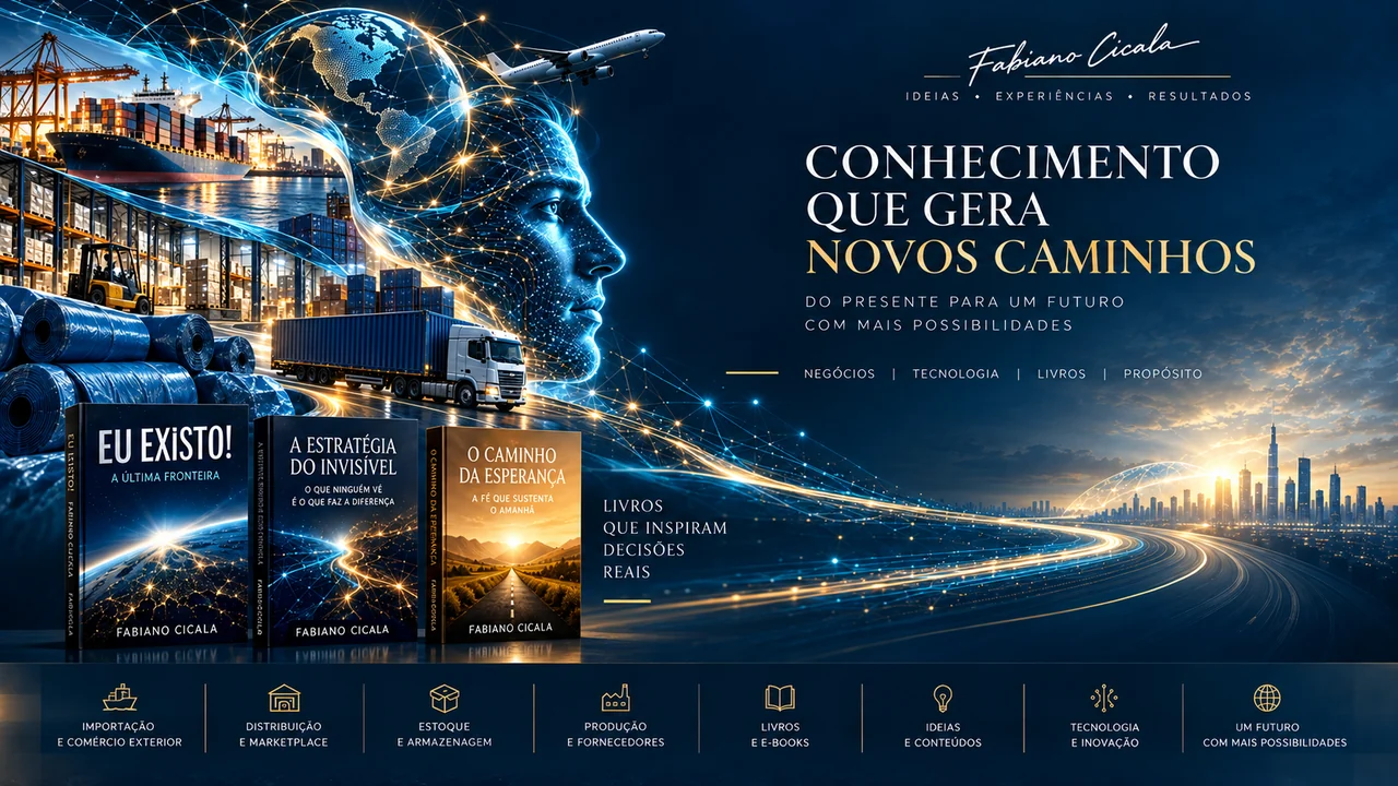Fabiano Cicala: conhecimento que gera novos caminhos. Composição visual de importação, comércio exterior, produção, lonas, livros, tecnologia e inovação, em azul e dourado.
