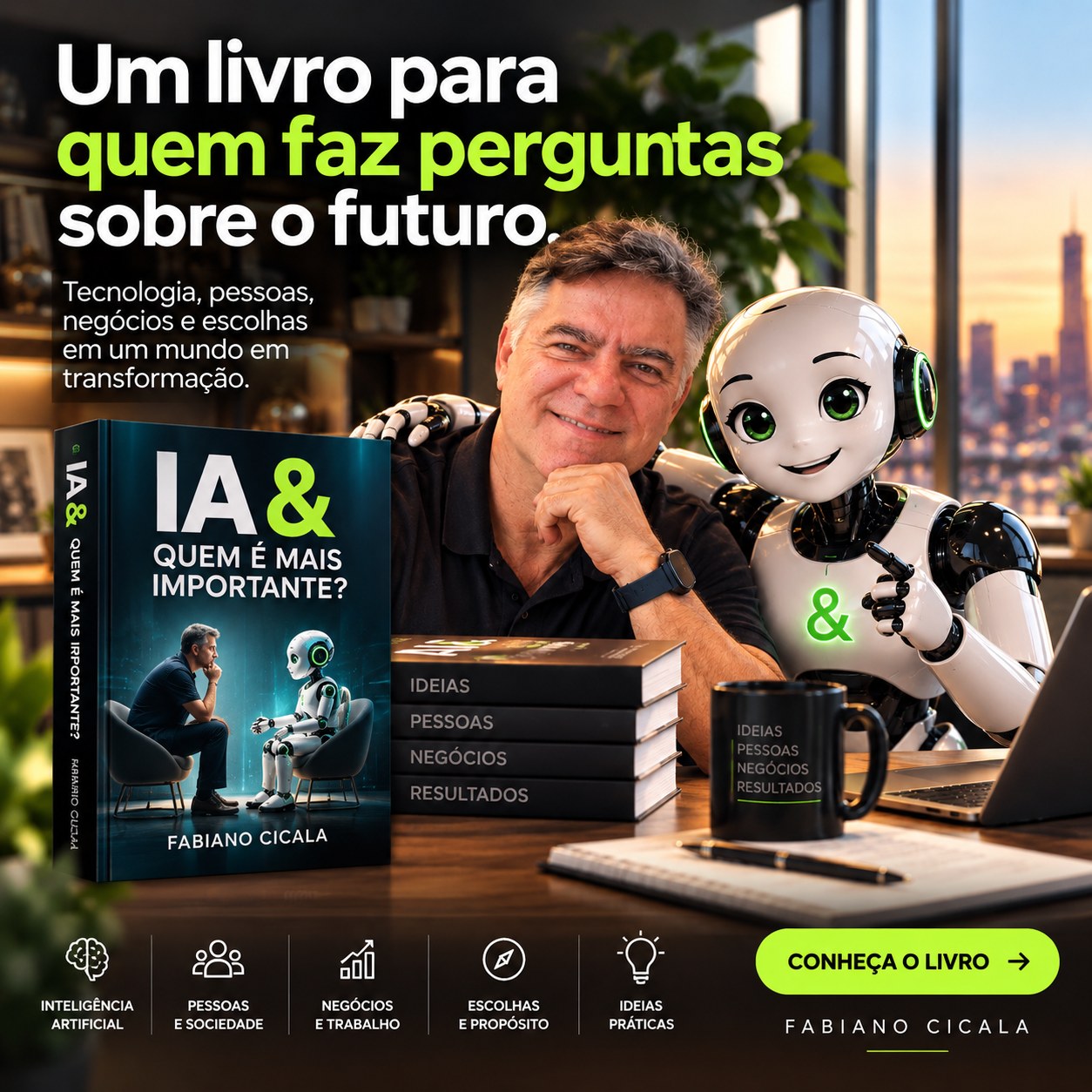 Anúncio: Um livro para quem faz perguntas sobre o futuro. Fabiano Cicala aparece ao lado de um robô branco com detalhes verdes, livros sobre uma mesa e chamada Conheça o livro.
